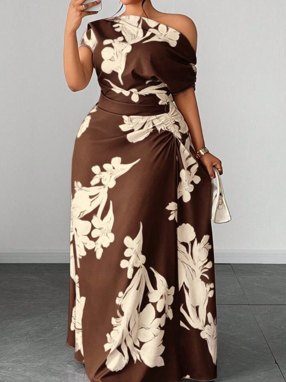 Coffee Brown Chic Women's Plus-Size Floral One-Shoulder Waist Ruched Dress